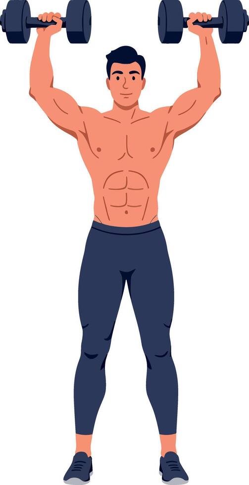 Muscular man lifting dumbbells exercising strength training workout illustration vector