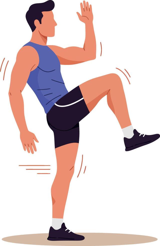 Man Exercising in Blue Tank Top and Black Shorts Performing High Knee Workout Illustration vector