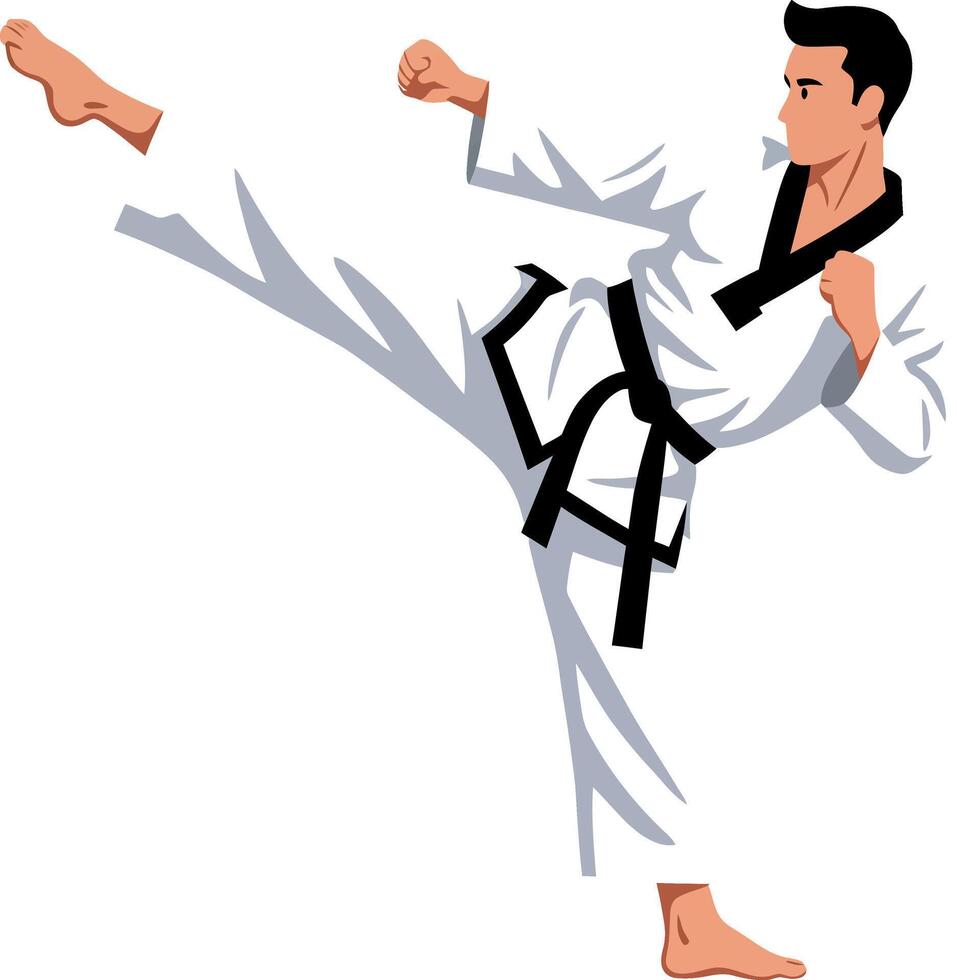 Martial arts male taekwondo fighter performing high kick in white uniform illustration vector