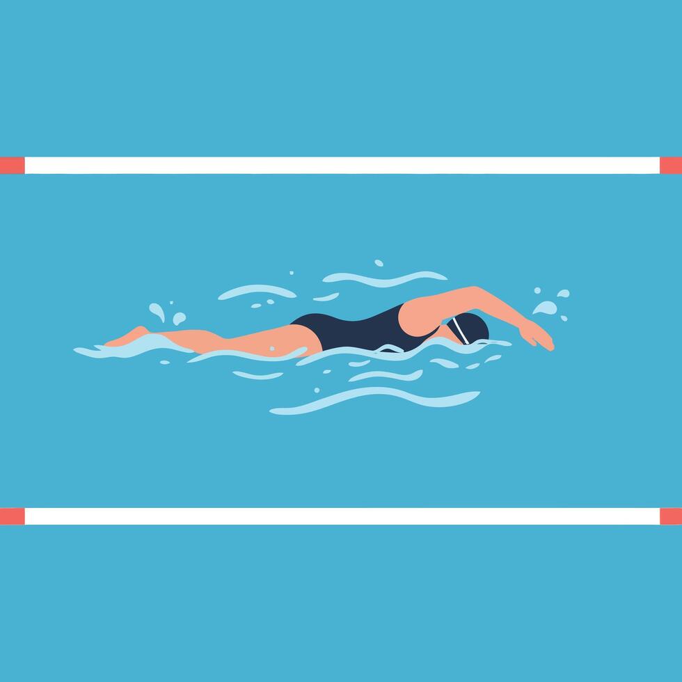 Swimmer in pool doing freestyle stroke with swim cap and black swimsuit illustration vector