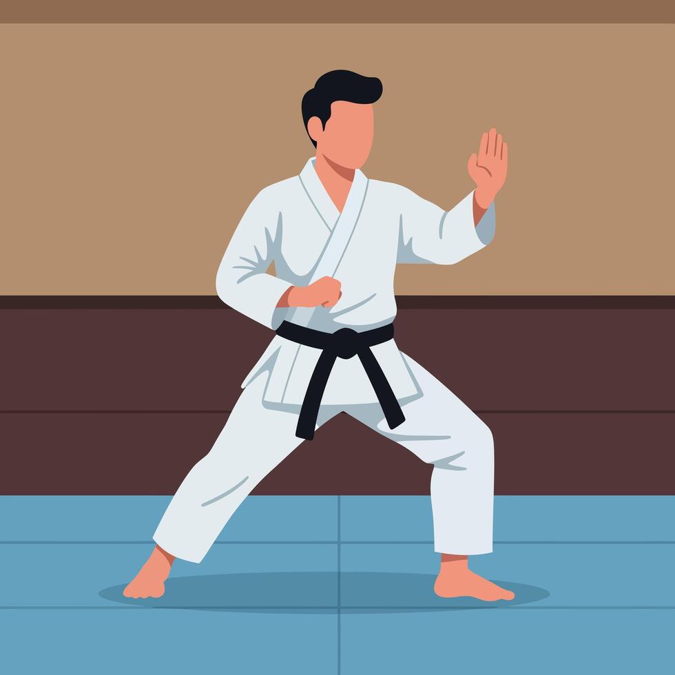 Karate martial arts practitioner in gi and black belt performing stance illustration vector