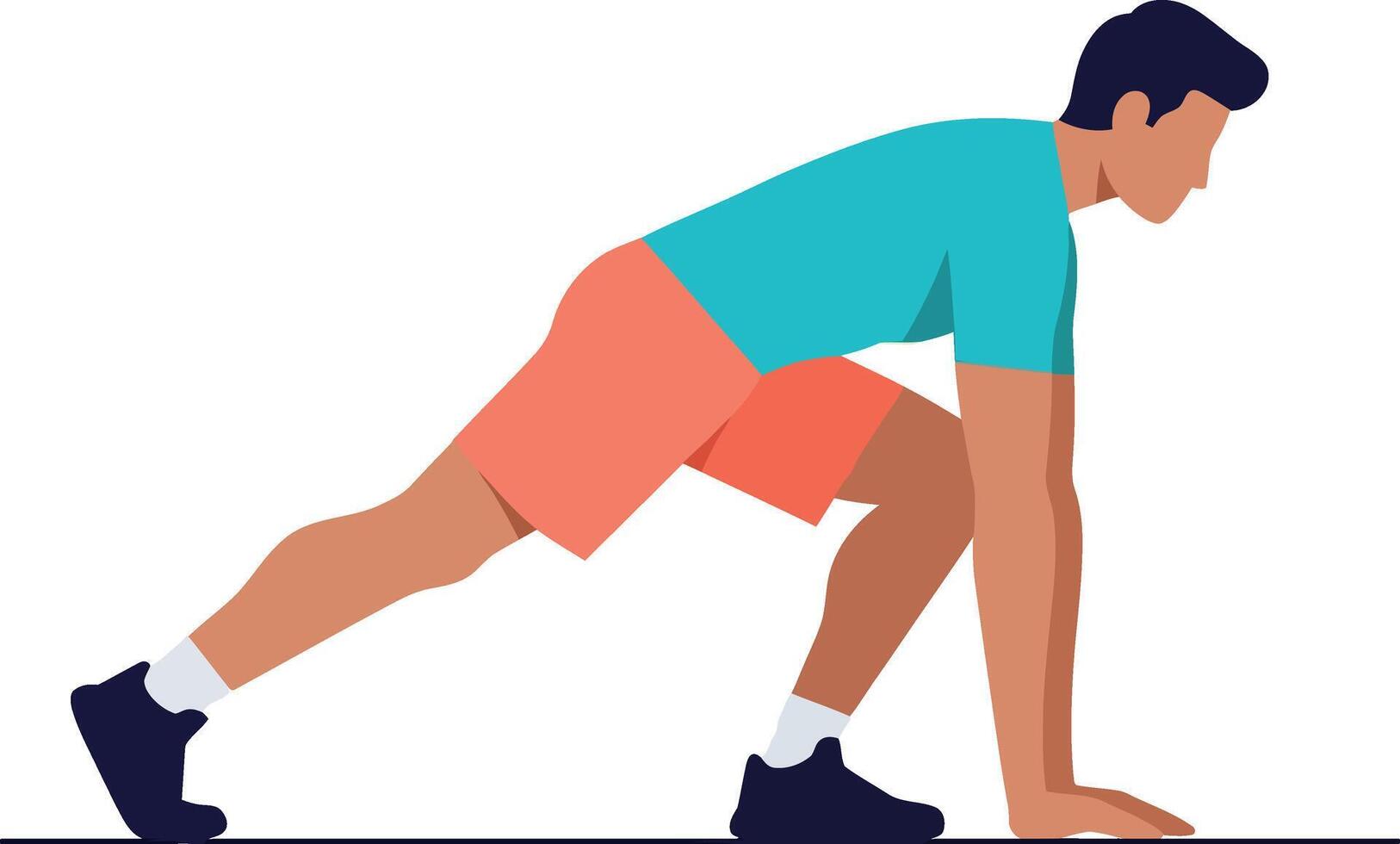 Man in starting position for running exercise wearing blue shirt and orange shorts illustration vector