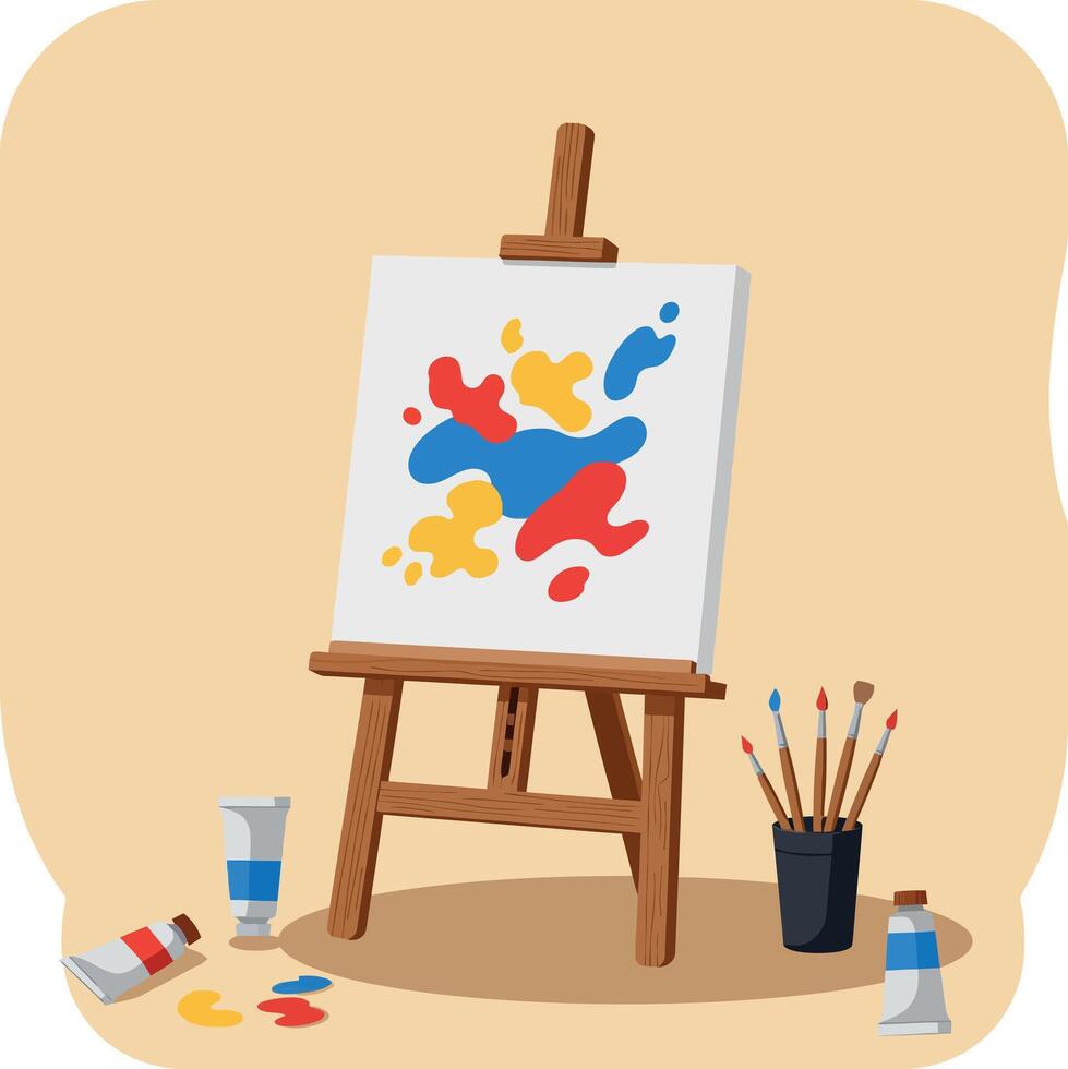 Abstract Colorful Paint Splashes on Canvas with Easel and Brushes Illustration vector