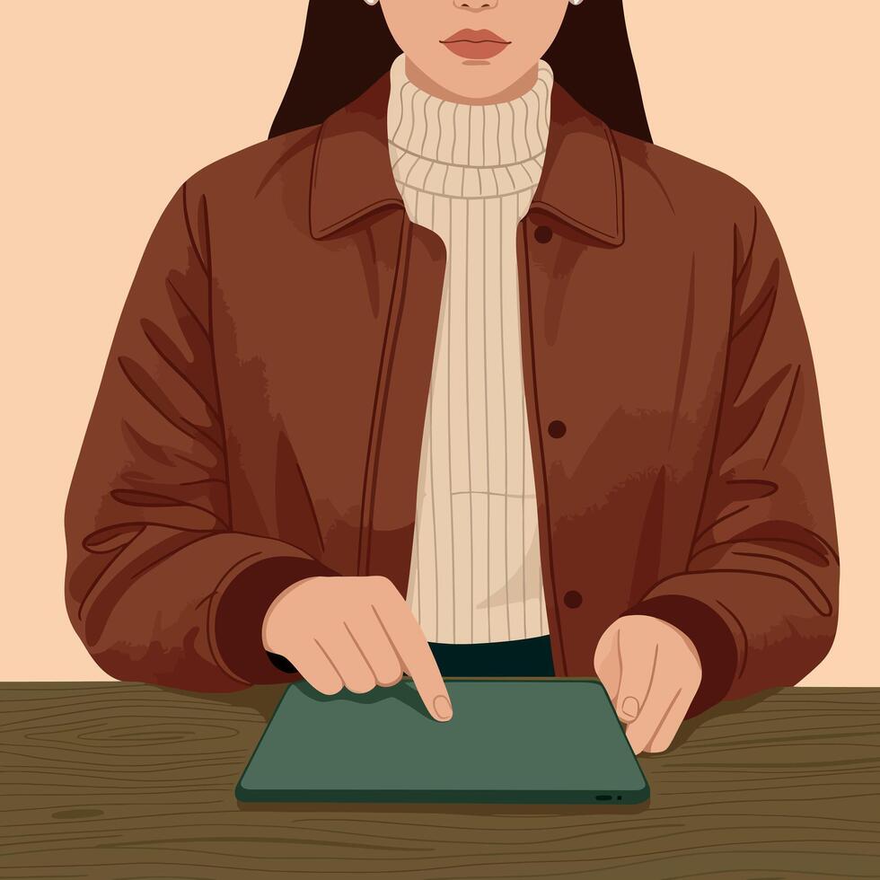 Woman Using Tablet in Brown Jacket and Cream Sweater Sitting at Wooden Table Illustration vector