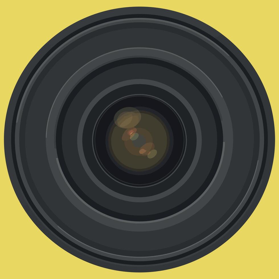 Camera lens close-up illustration with yellow background and black circular design vector
