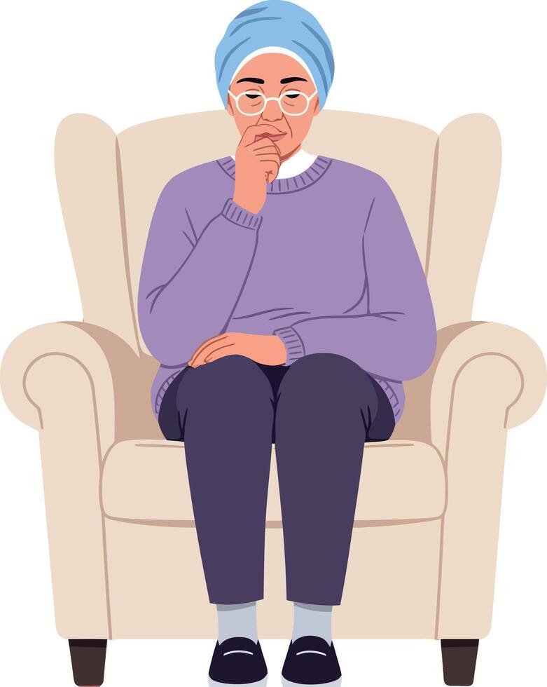 Elderly woman sitting in armchair wearing headscarf and glasses thoughtful mood illustration vector
