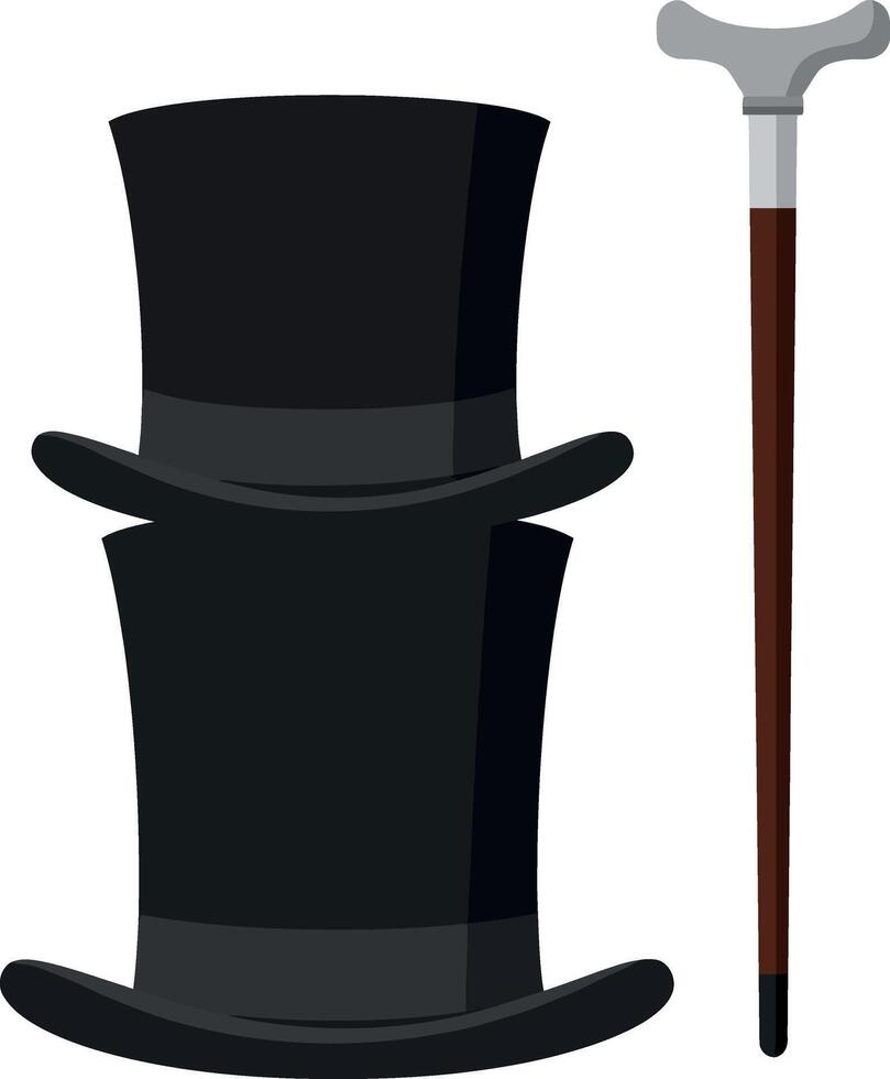 Classic black top hat and wooden walking cane illustration with gray handle vector