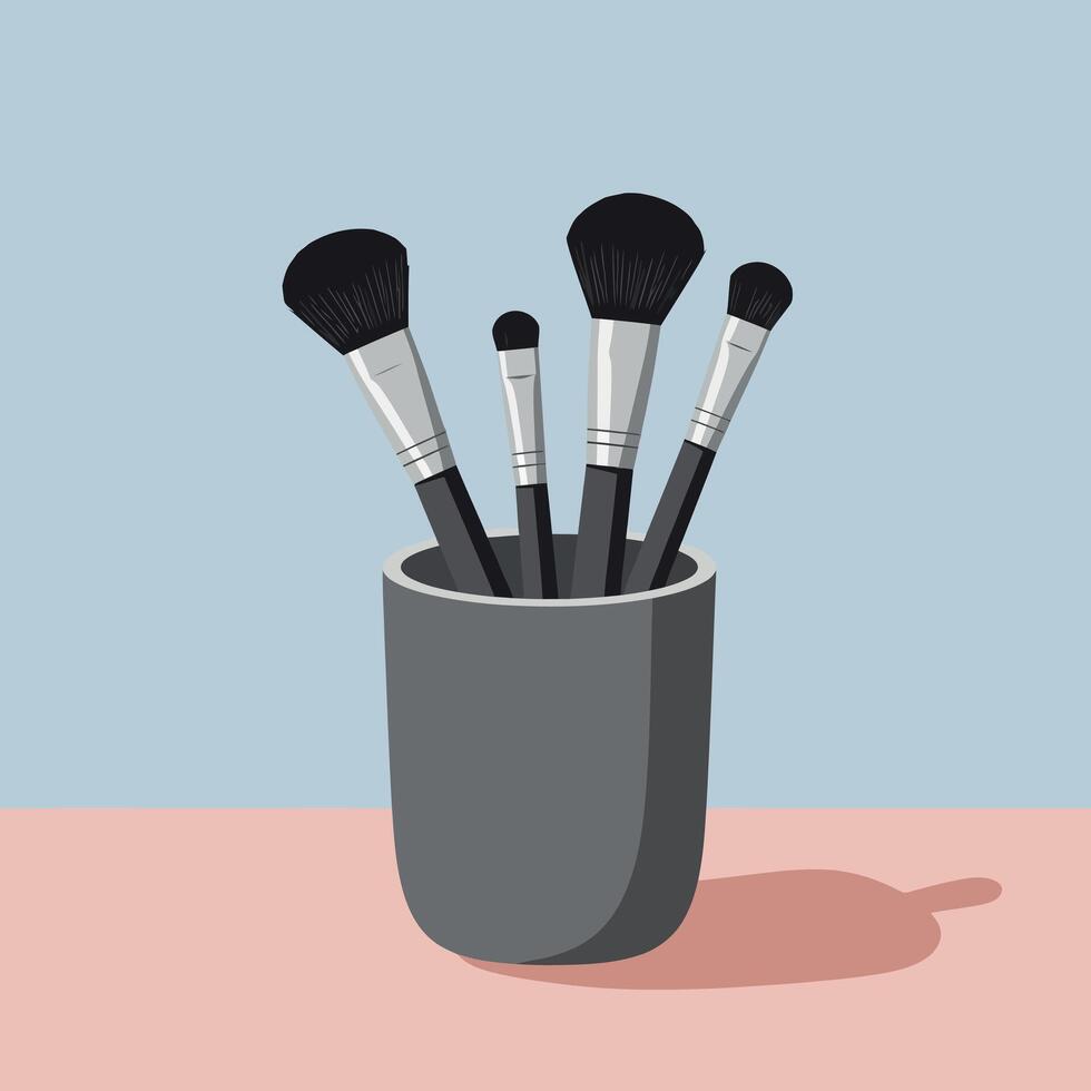 Makeup brushes in gray holder with blue and pink background illustration vector