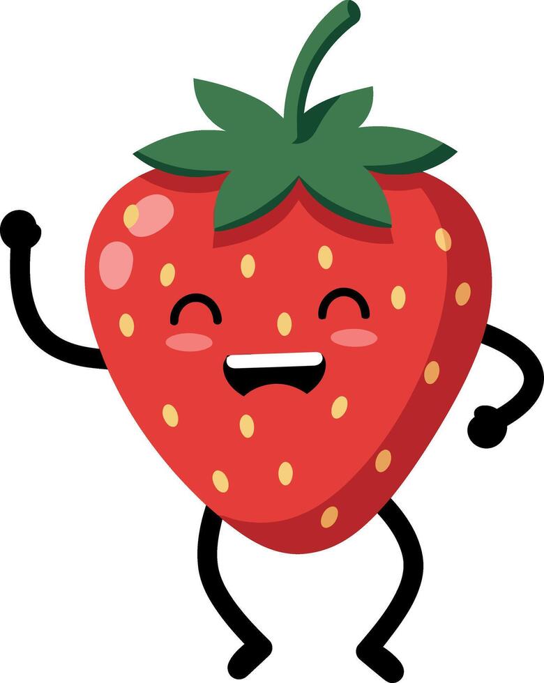 Happy red strawberry character dancing with green leaves illustration vector