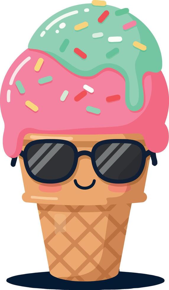 Cute ice cream cone with mint and strawberry scoops wearing sunglasses illustration vector