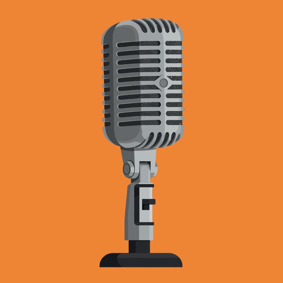 Vintage microphone illustration on orange background with detailed shading and metallic texture vector