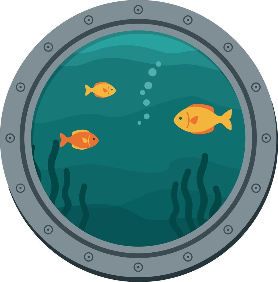 Underwater fish viewed through round ship porthole window illustration vector