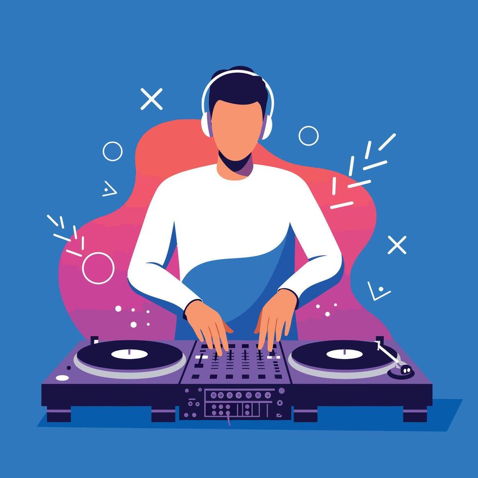 DJ mixing music with headphones playing records on turntables illustration vector