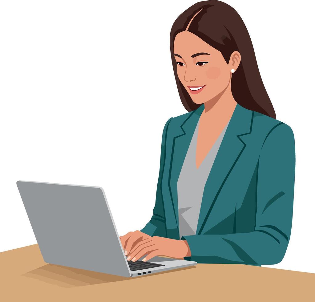 Business woman working on laptop computer in office setting illustration vector