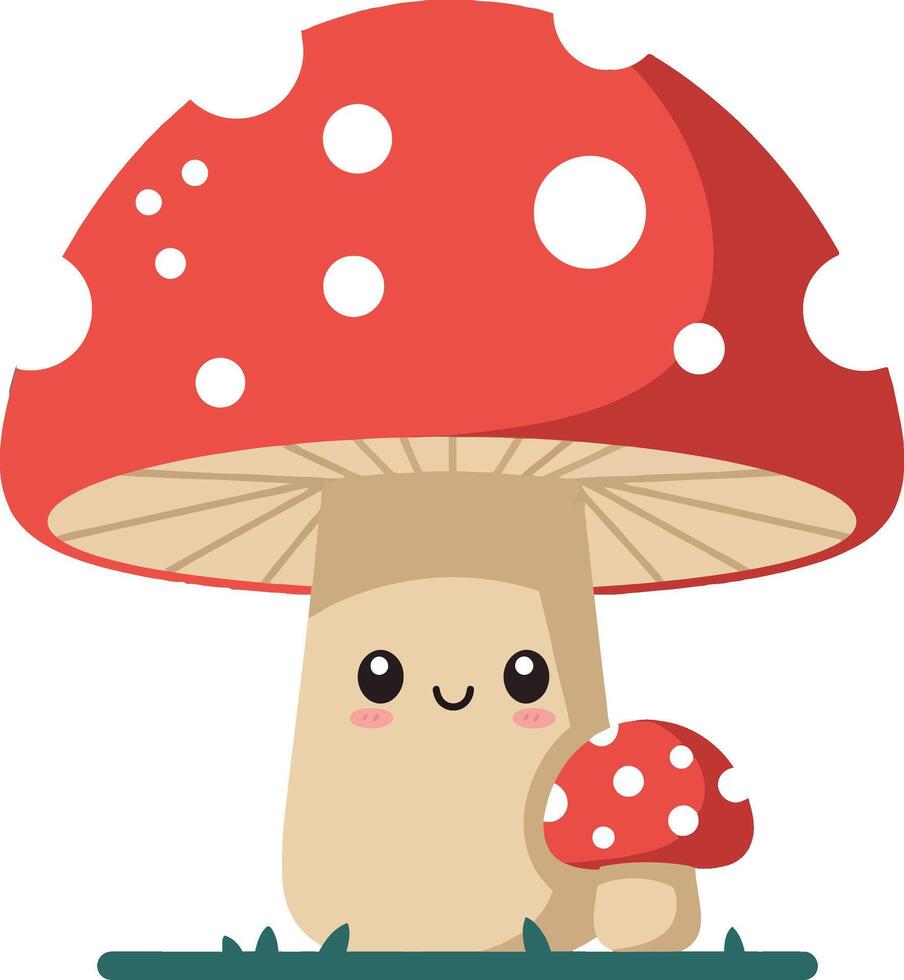 Cute red spotted mushroom character with small mushroom illustration design vector