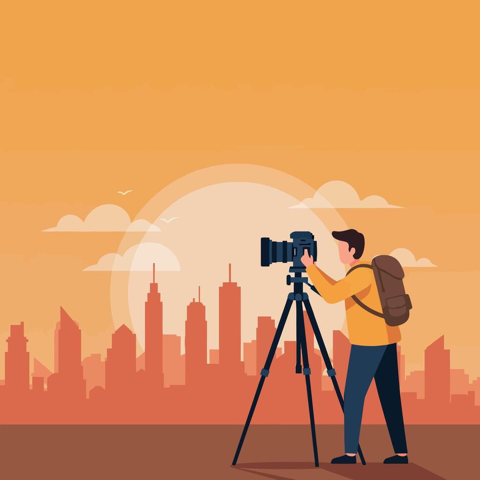 Photographer capturing city skyline with camera on tripod during sunset illustration vector