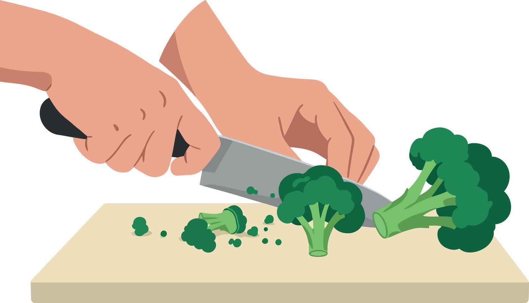 Hands chopping fresh green broccoli on cutting board kitchen cooking preparation illustration vector
