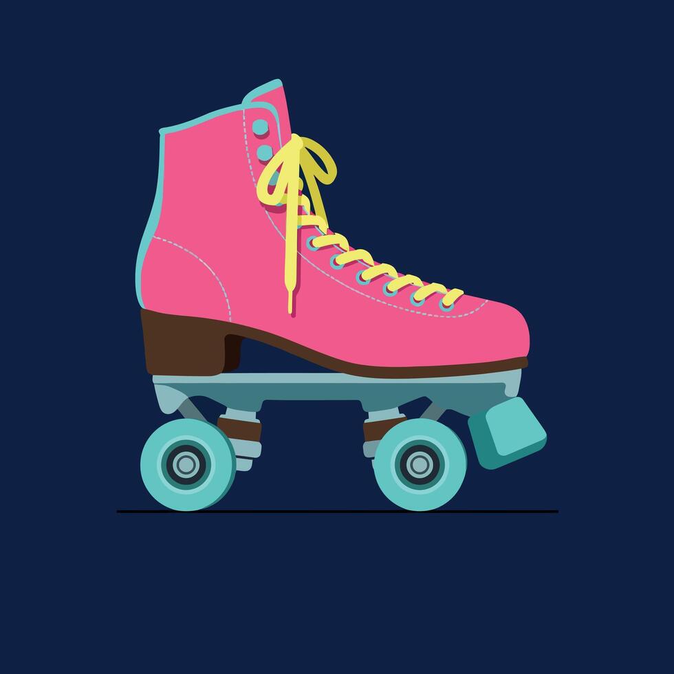 Pink roller skate with yellow laces and blue wheels on dark background illustration vector