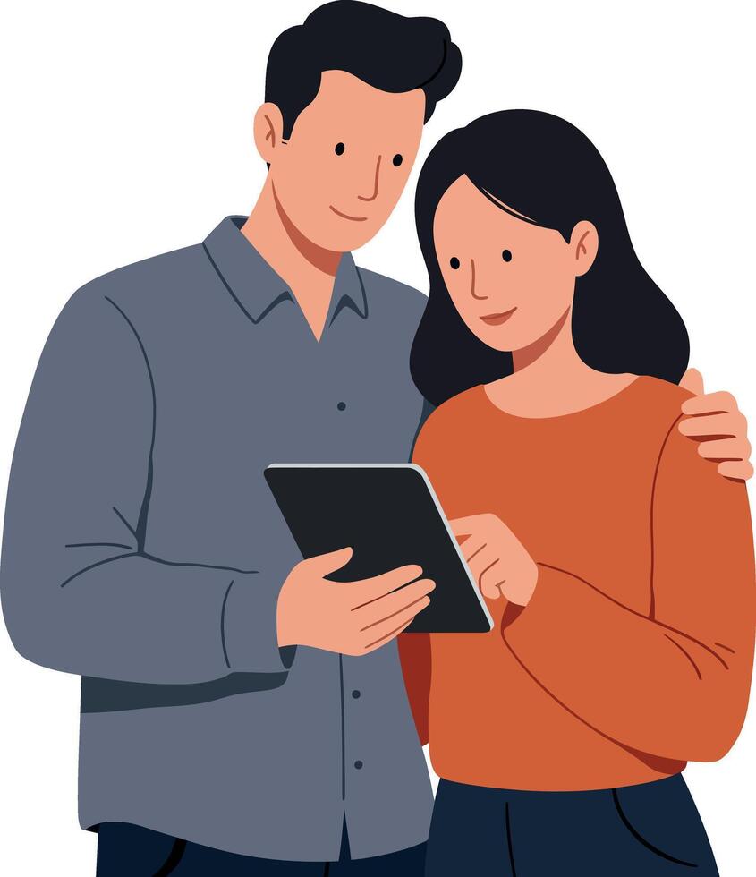 Young couple using digital tablet together in casual clothing illustration vector