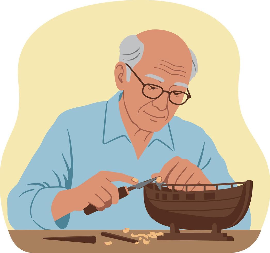 Elderly man carving wooden boat model with tools in workshop illustration vector