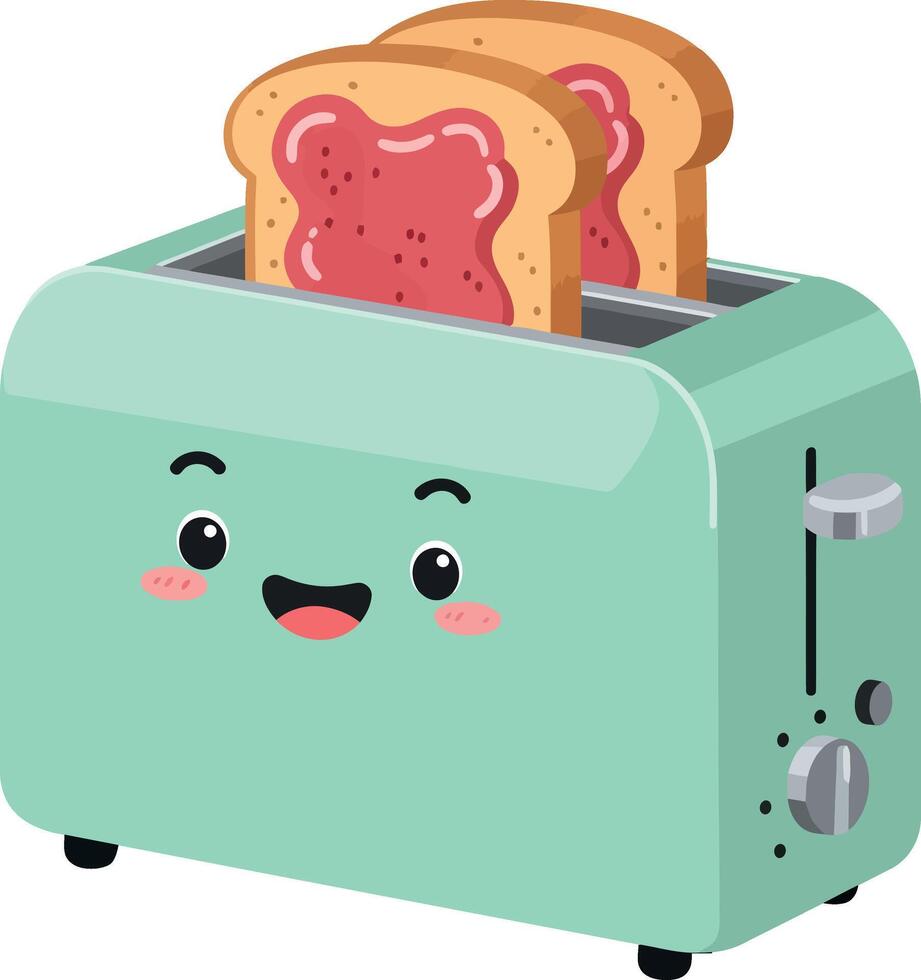 Cute mint green toaster with two slices of jam toast illustration vector