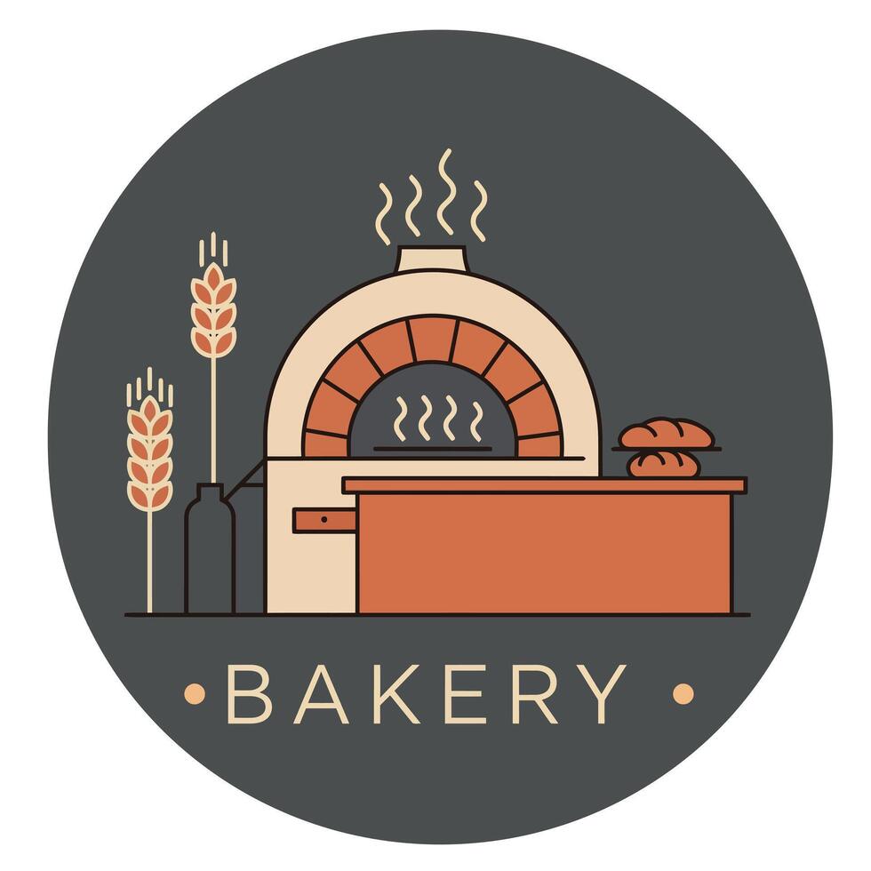 Bakery logo design with traditional brick oven and bread illustration in warm colors vector