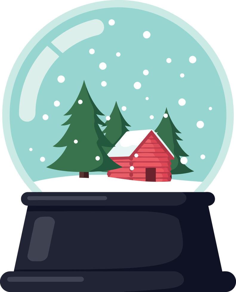 Snow globe with red cabin and green pine trees winter decoration illustration vector