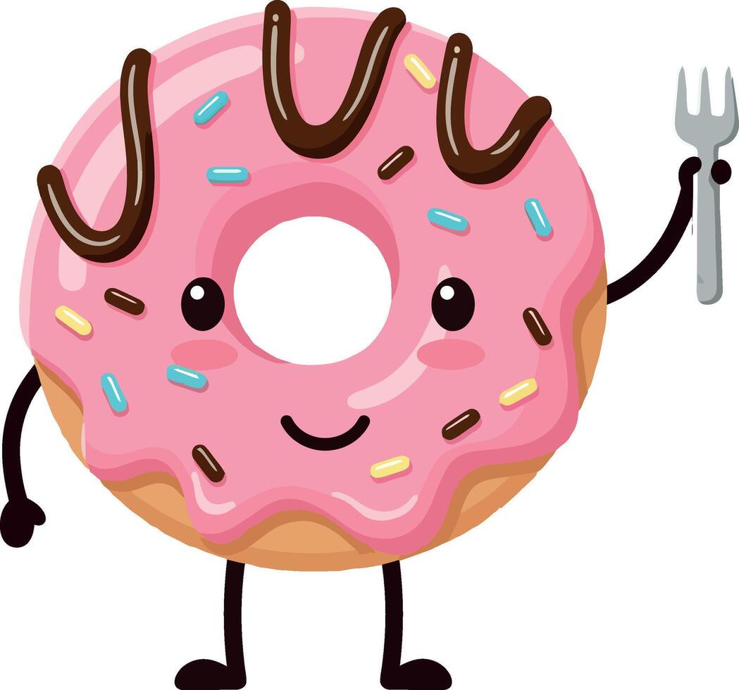 Cute pink frosted donut character with sprinkles holding fork illustration vector