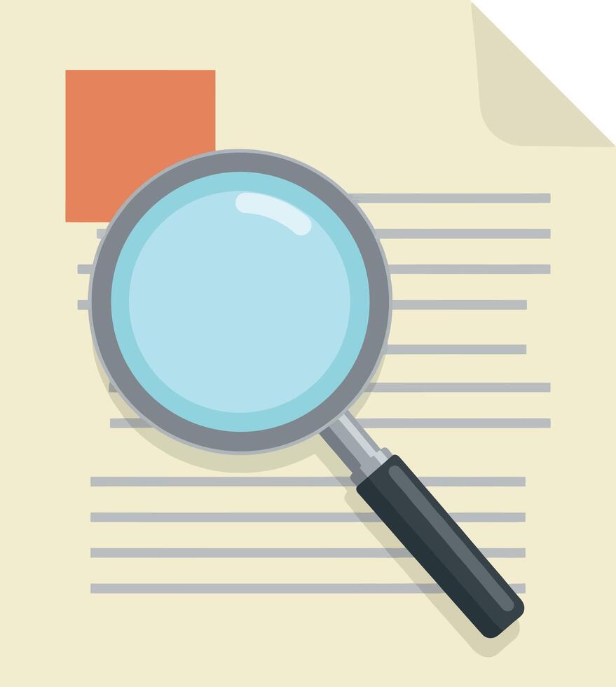 Document with magnifying glass for detailed examination and search concept illustration vector