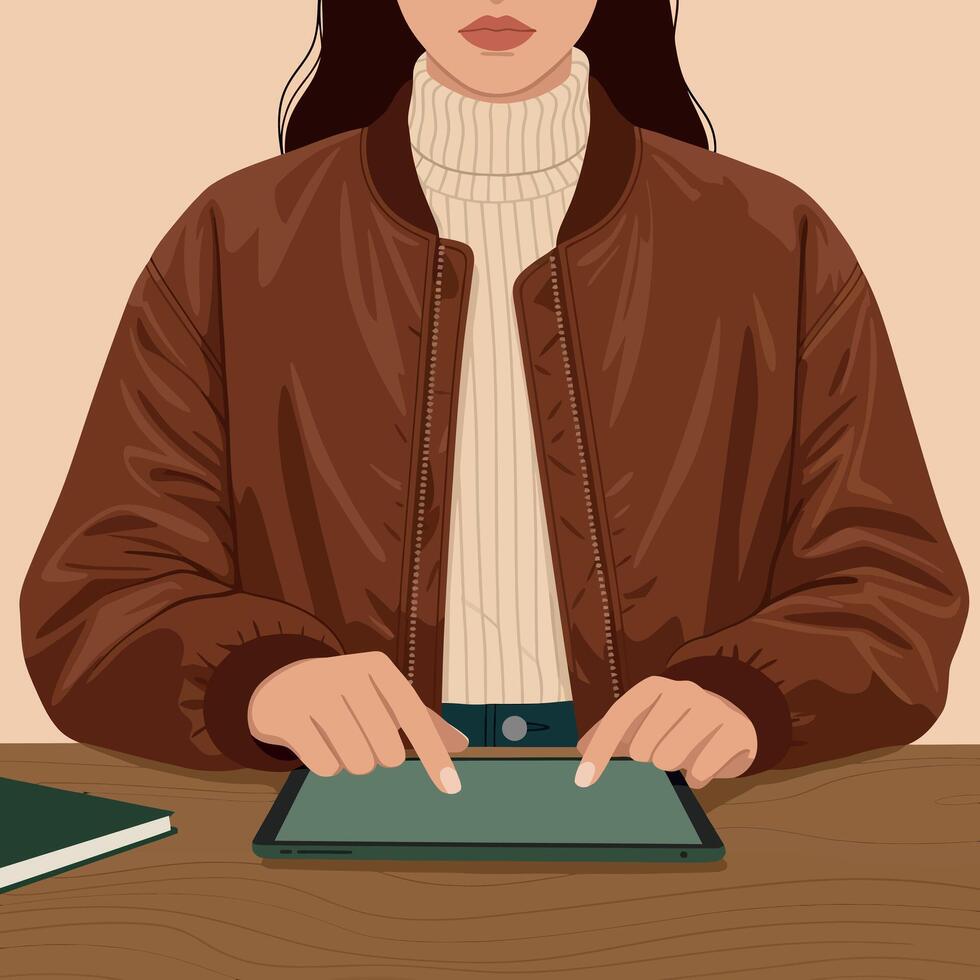 Woman using digital tablet in brown jacket and beige sweater indoors illustration vector
