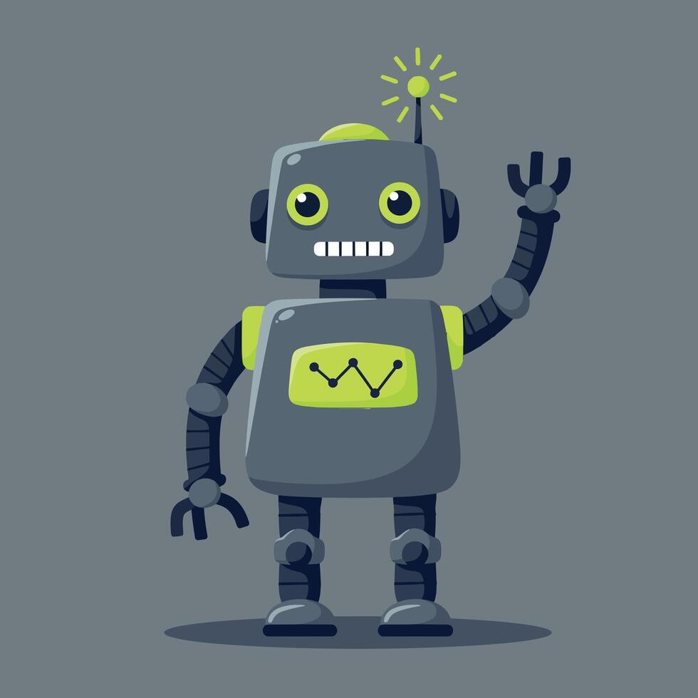 Friendly grey robot waving with glowing antenna illustration in square format vector