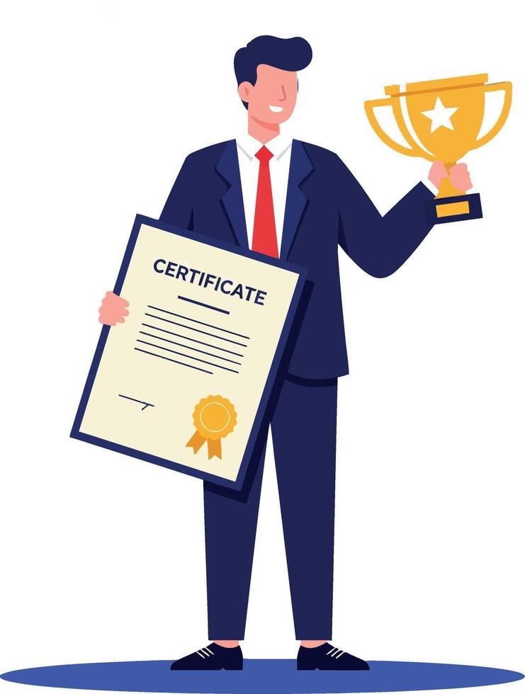 Businessman holding trophy and certificate celebrating success and achievement illustration vector