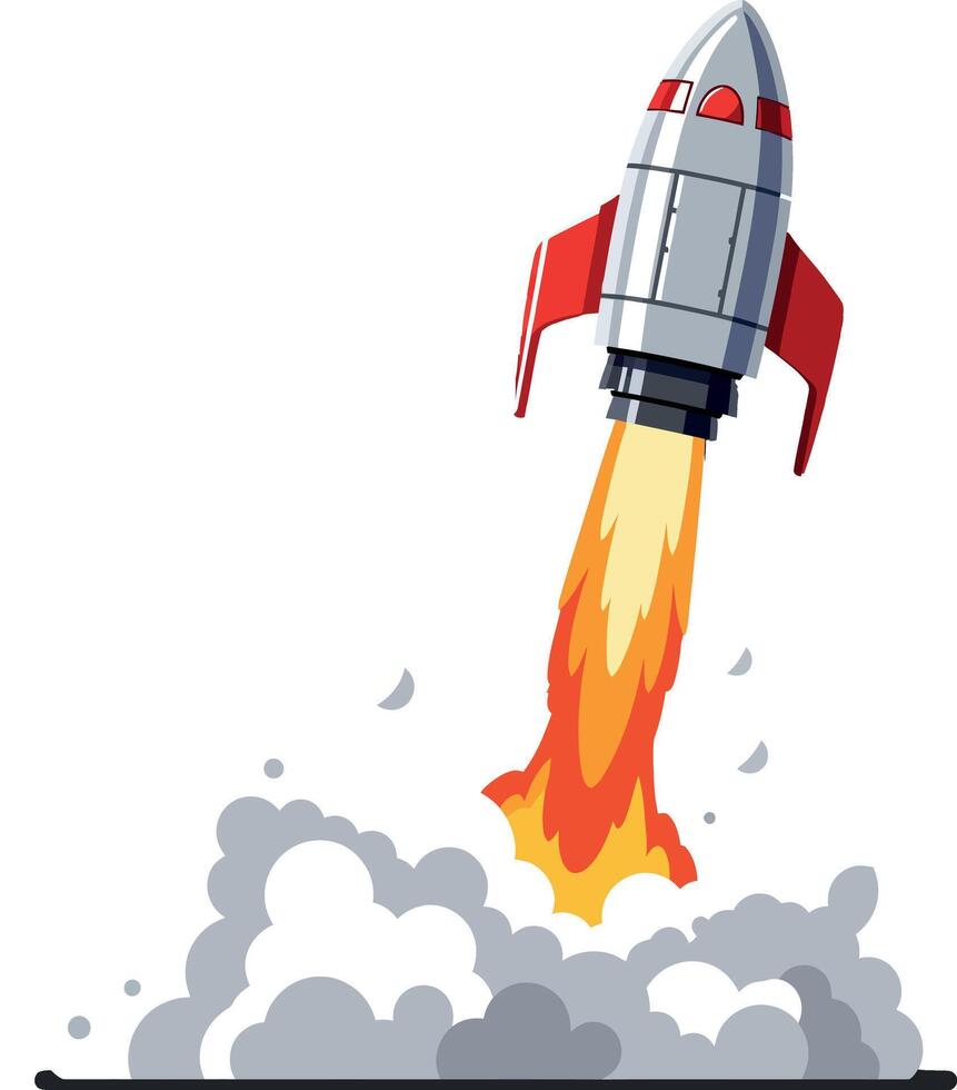 Rocket Launch Illustration with Red Fins and Flames Taking Off vector