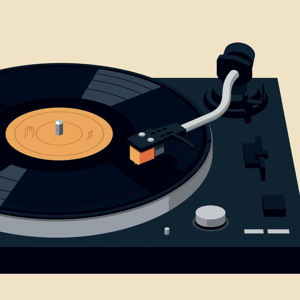 Vintage vinyl record player with black turntable and yellow label illustration vector