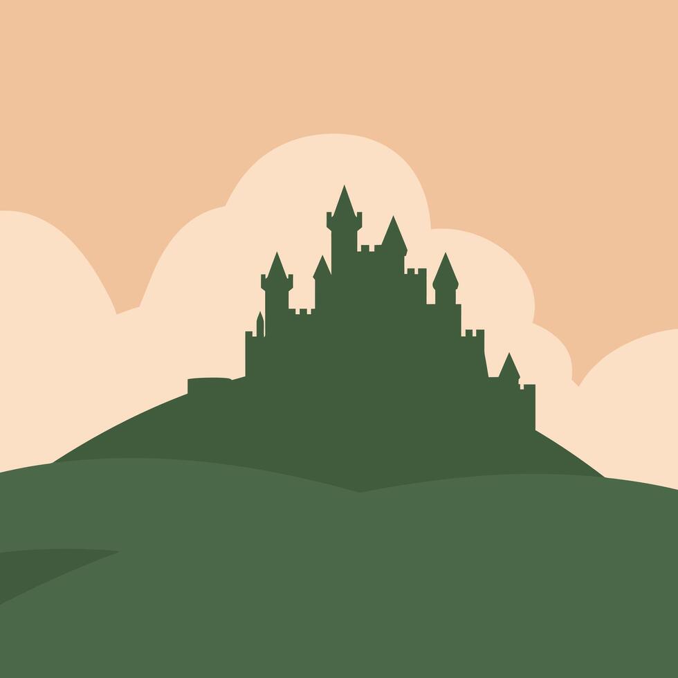Dark green castle silhouette on hill with beige sky background simple illustration vector