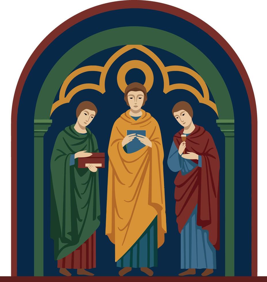 Three Saints in Medieval Style Arch with Colorful Robes Religious Illustration vector