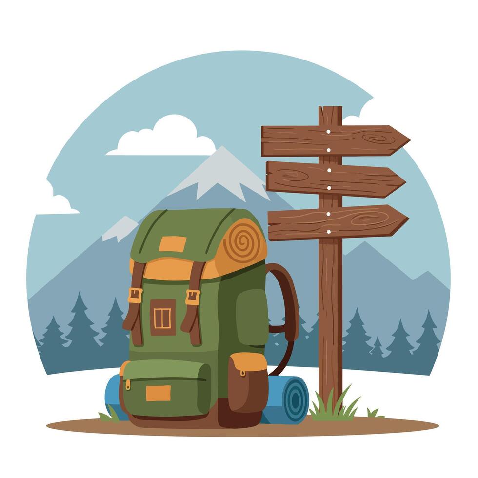 Hiking backpack and wooden directional signpost with mountain landscape background illustration vector