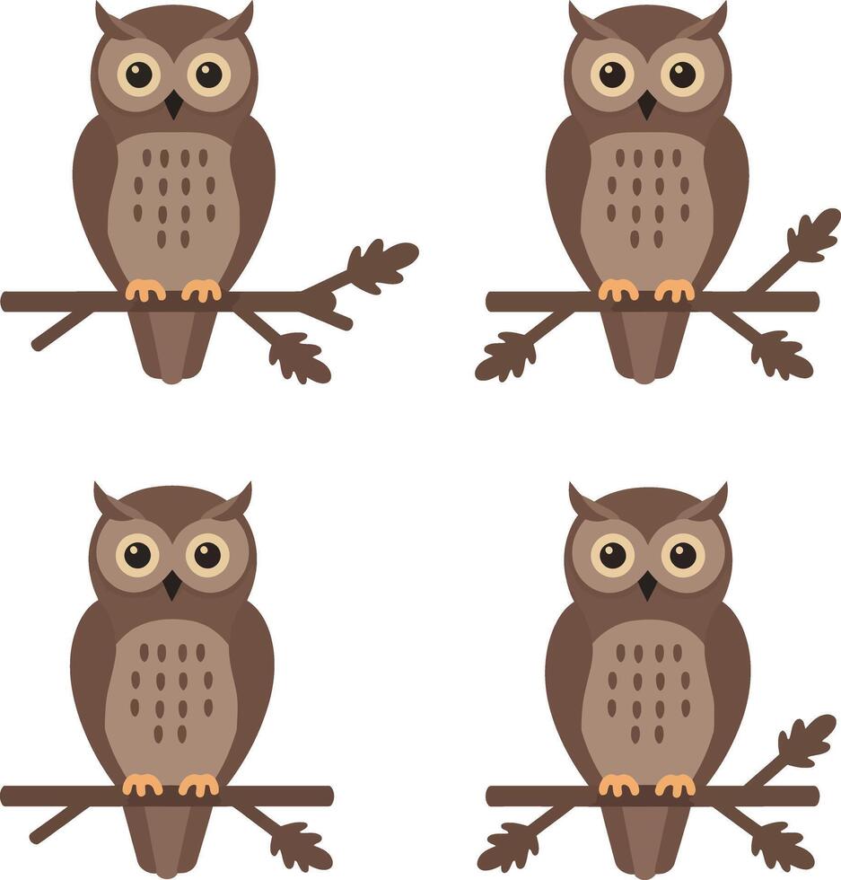 Brown owl birds sitting on tree branches illustration in simple style vector