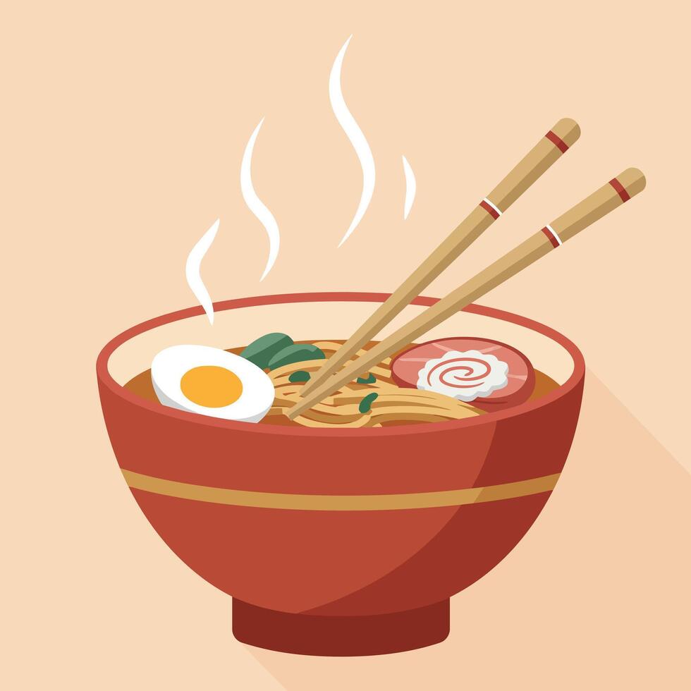 Ramen Bowl with Chopsticks and Hot Steaming Soup Japanese Cuisine Illustration vector