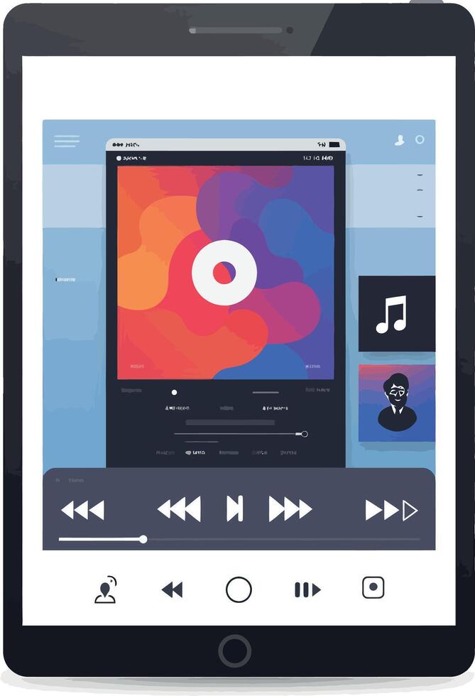 Tablet Device Showing Music Player Interface with Colorful Album Art and Playback Controls vector