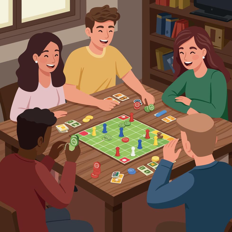 Group of friends playing board game together at home with colorful pieces and cards vector