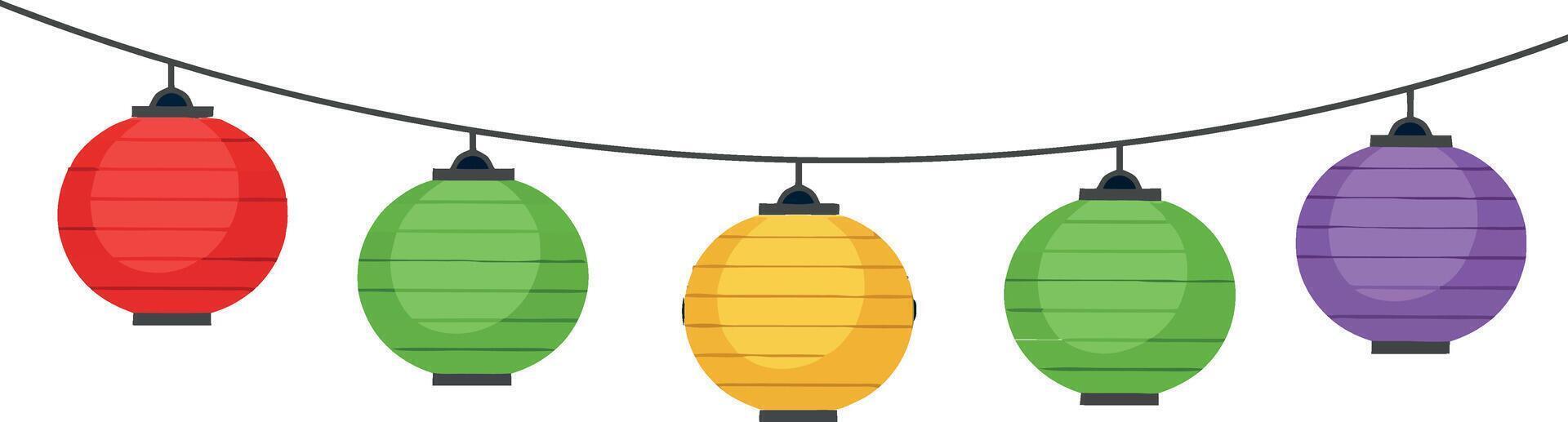 Colorful string of hanging paper lanterns in red green yellow and purple illustration vector