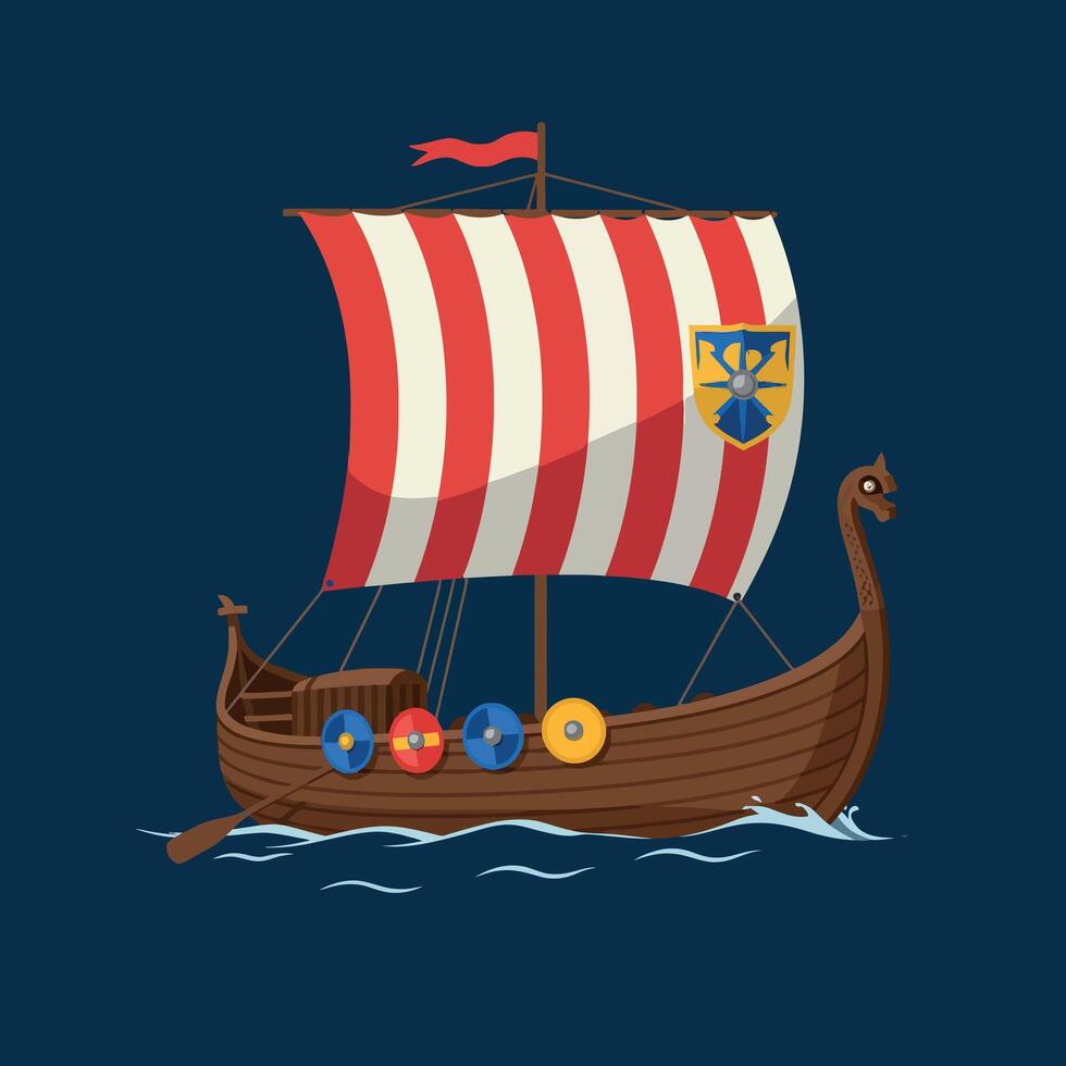 Viking longship sailing with red and white striped sail and shields on wooden hull illustration vector