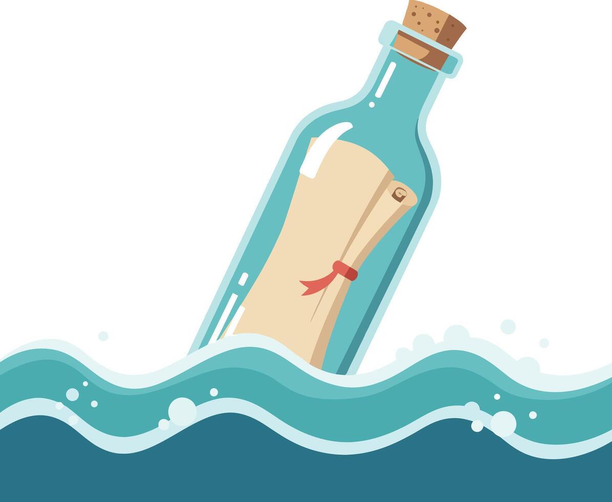 Message in a Bottle Floating on Ocean Waves Illustration Art vector