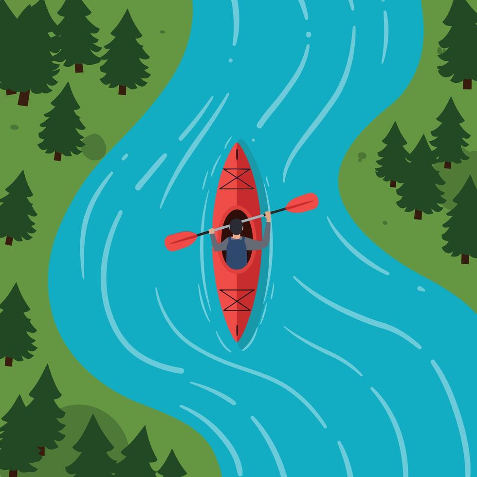 Kayaker paddling red kayak on river surrounded by green pine trees illustration vector