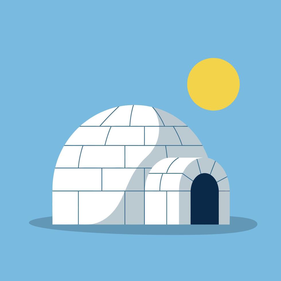 Igloo with bright yellow sun under clear blue sky illustration simple design vector