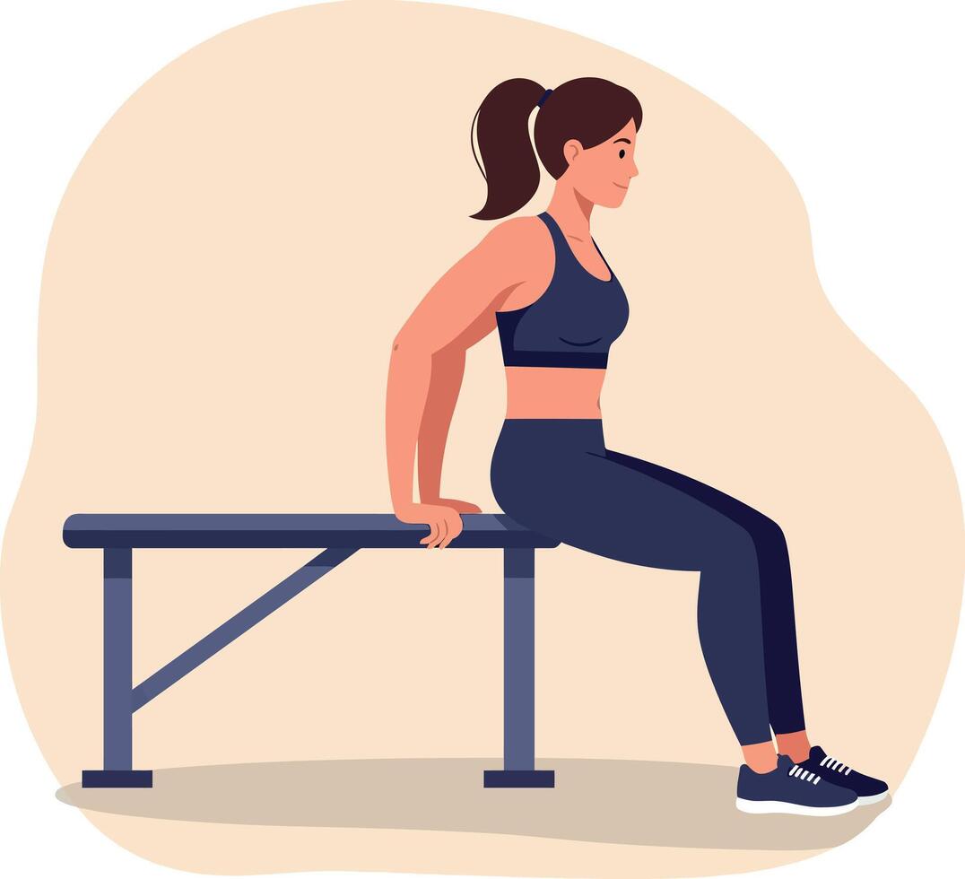 Woman Doing Triceps Dips Exercise on Bench for Fitness Training and Strength Building vector