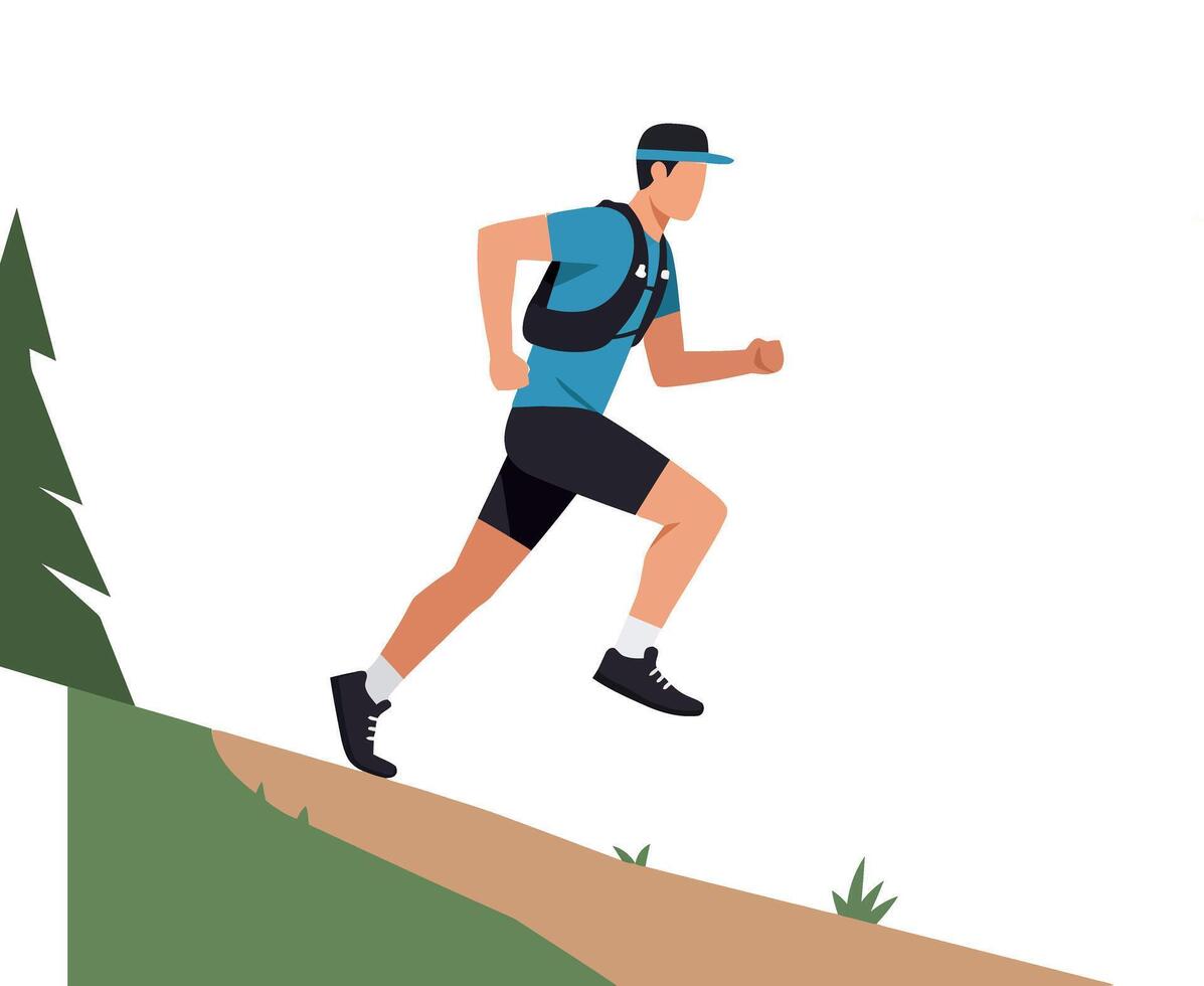 Male trail runner jogging uphill in nature with backpack and cap illustration vector