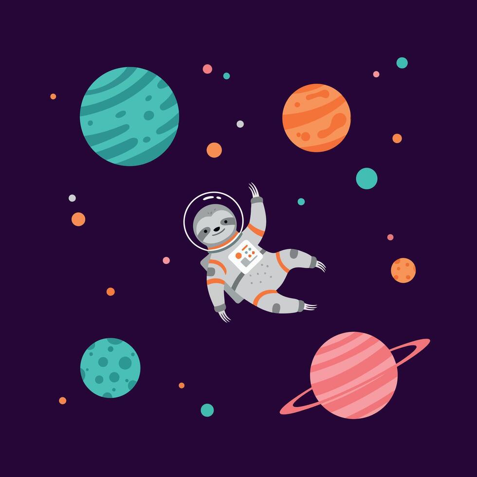 Sloth Astronaut Floating in Space with Colorful Planets and Stars Illustration vector