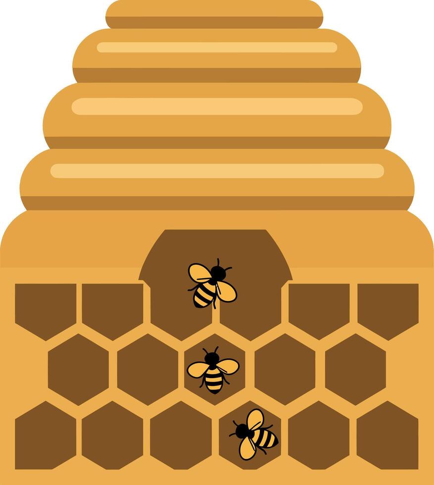 Honeycomb with Bees and Hexagonal Cells in Yellow and Brown Illustration vector